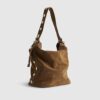 Brown Studded Suede Slouch Shoulder Bag