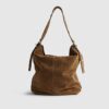 Brown Studded Suede Slouch Shoulder Bag