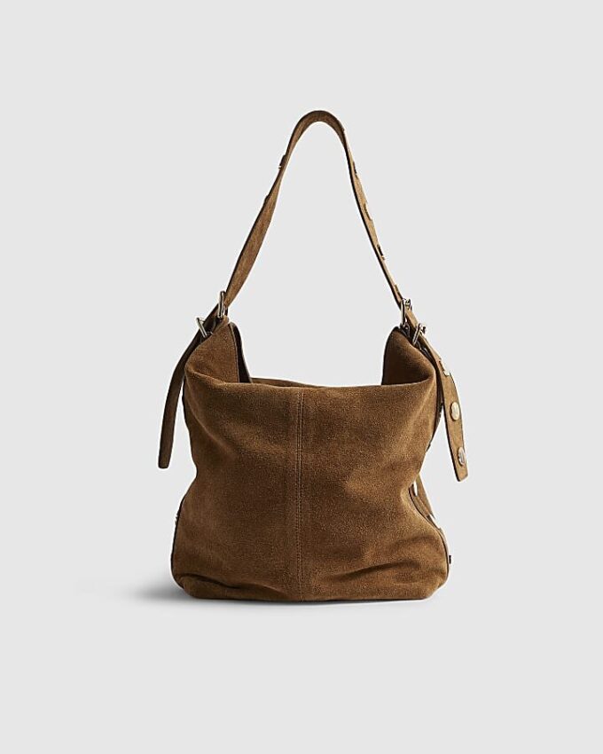 Brown Studded Suede Slouch Shoulder Bag