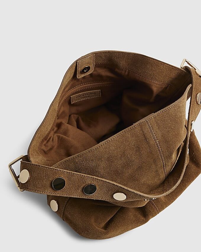 Brown Studded Suede Slouch Shoulder Bag