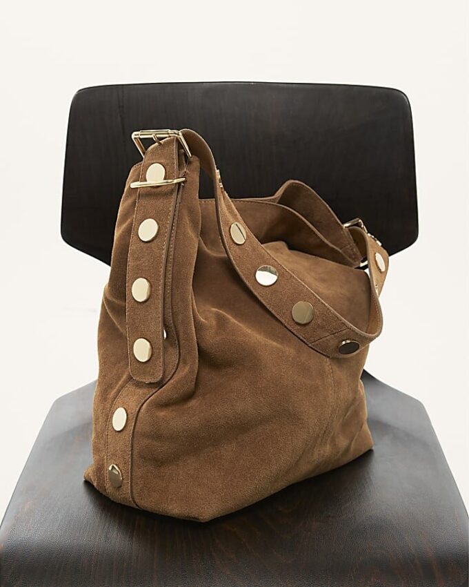 Brown Studded Suede Slouch Shoulder Bag