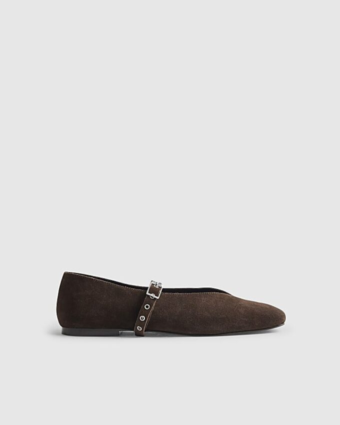 Brown Suede Eyelet Square Toe Ballet Pumps