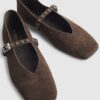 Brown Suede Eyelet Square Toe Ballet Pumps