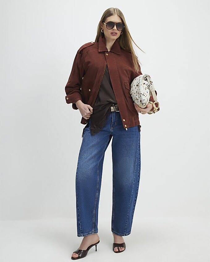 Brown Suede Oversized Bomber Jacket