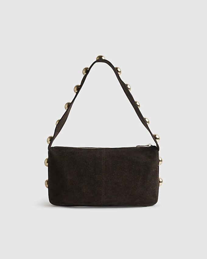 Brown Suede Studded Shoulder Bag