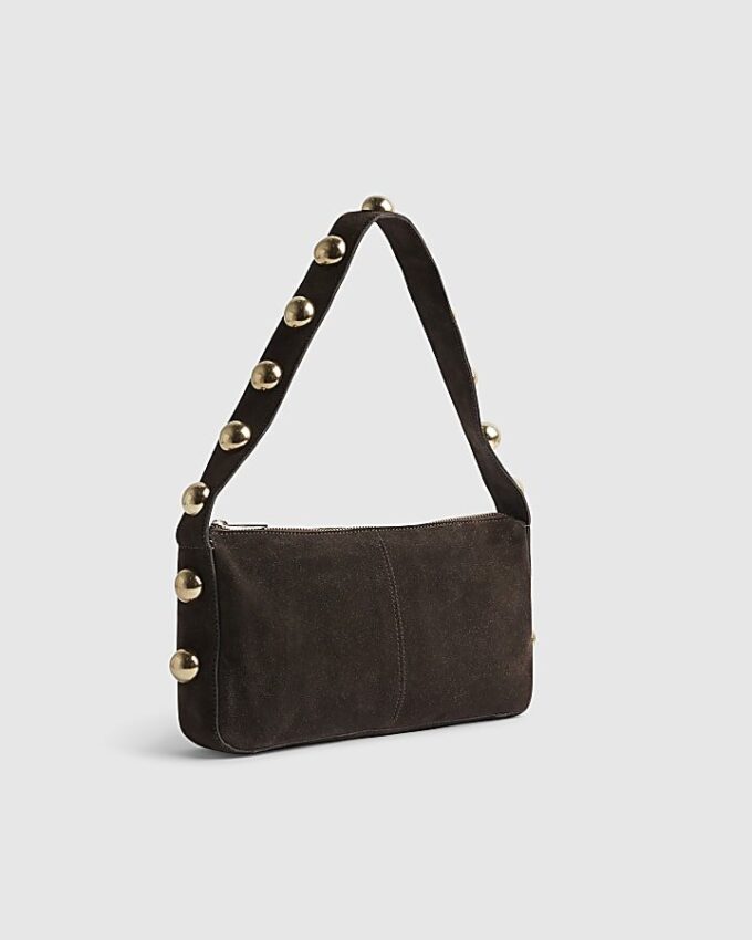 Brown Suede Studded Shoulder Bag