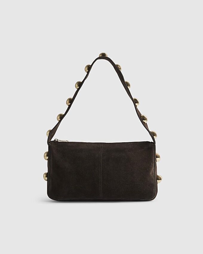 Brown Suede Studded Shoulder Bag