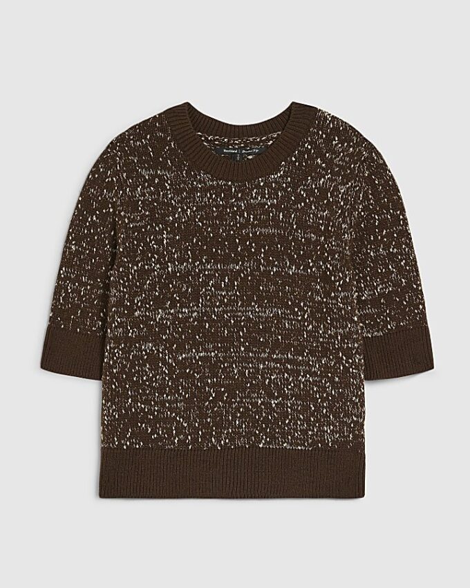 Brown Textured Knit Short Sleeve Top