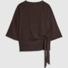 Brown Textured Tie Front T-shirt