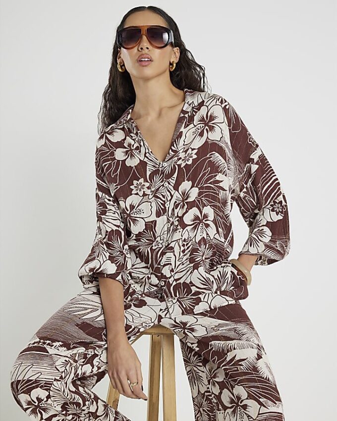 Brown Tropical Print Beach Shirt