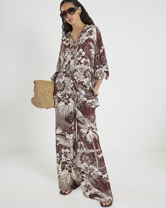 Brown Tropical Print Beach Shirt Brown Tropical Print Beach Shirt