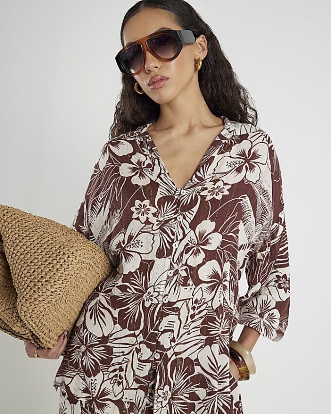 Brown Tropical Print Beach Shirt