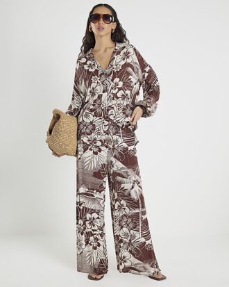 Brown Tropical Print Beach Trousers