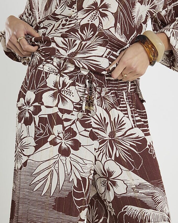 Brown Tropical Print Beach Trousers