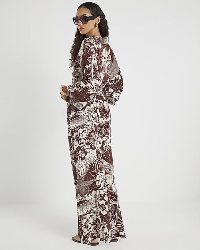 Brown Tropical Print Beach Trousers