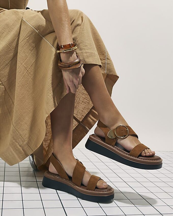 Brown Wide Fit Ring Buckle Flatform Sandals