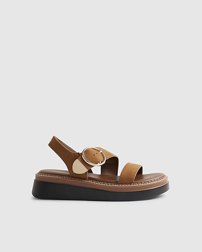 Brown Wide Fit Ring Buckle Flatform Sandals