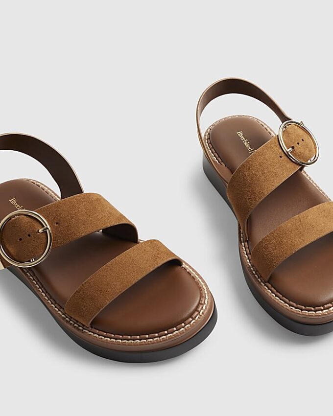 Brown Wide Fit Ring Buckle Flatform Sandals