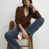 Brown V Neck Lace Trim Jumper