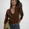 Brown V Neck Lace Trim Jumper