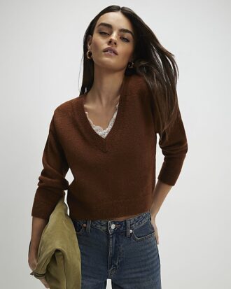 Brown V Neck Lace Trim Jumper