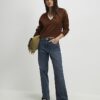 Brown V Neck Lace Trim Jumper