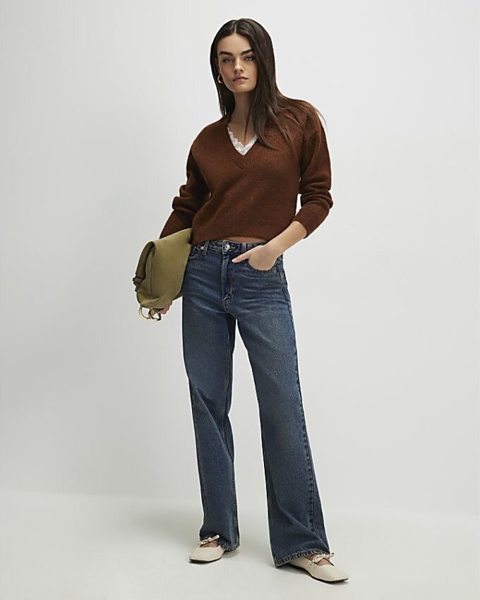 Brown V Neck Lace Trim Jumper