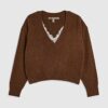Brown V Neck Lace Trim Jumper