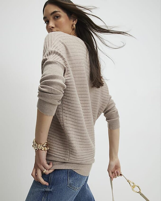Brown V Neck Ribbed Jumper