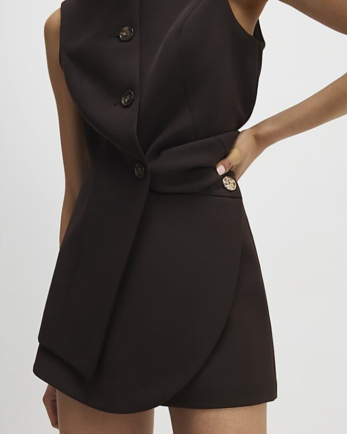 Brown Wrap Button Detail Skort