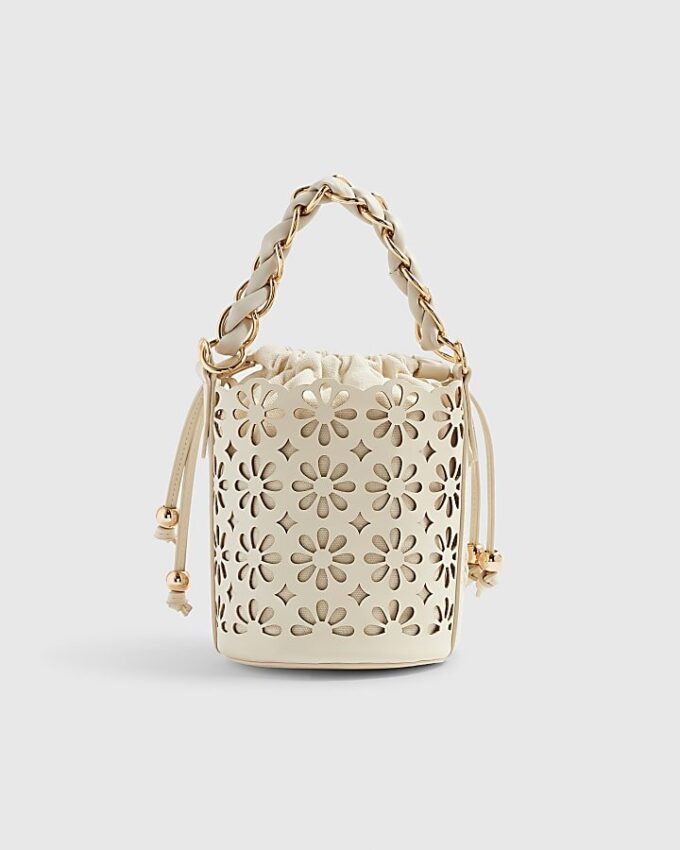 Cream 3D Floral Laser Cut Bucket Bag