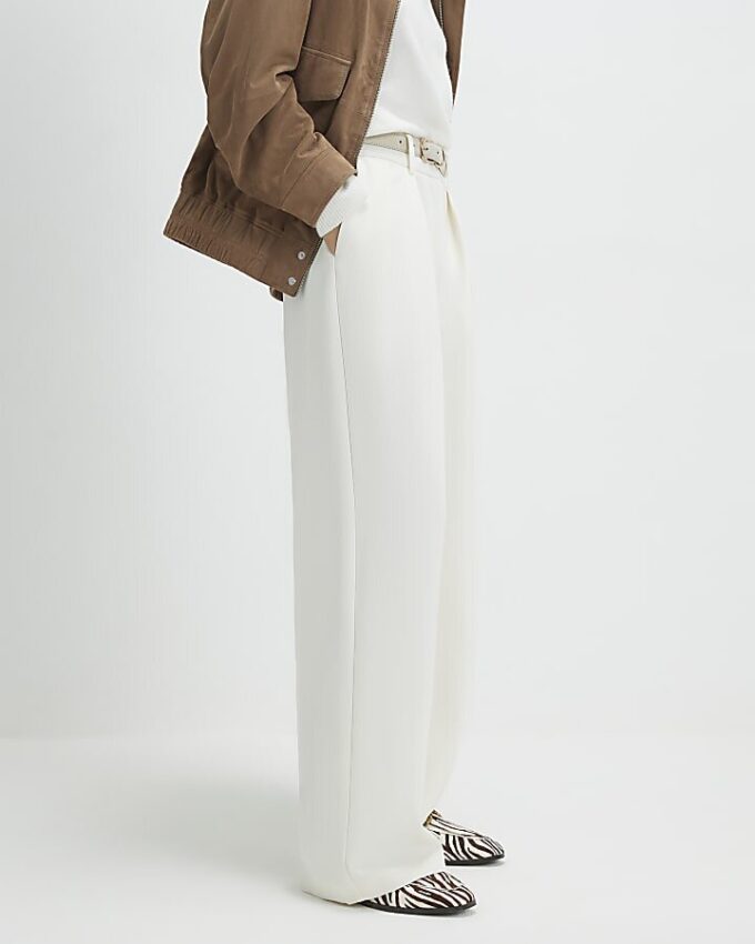 Cream Belted Wide Leg Trousers