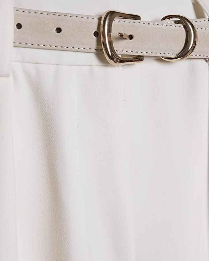 Cream Belted Wide Leg Trousers
