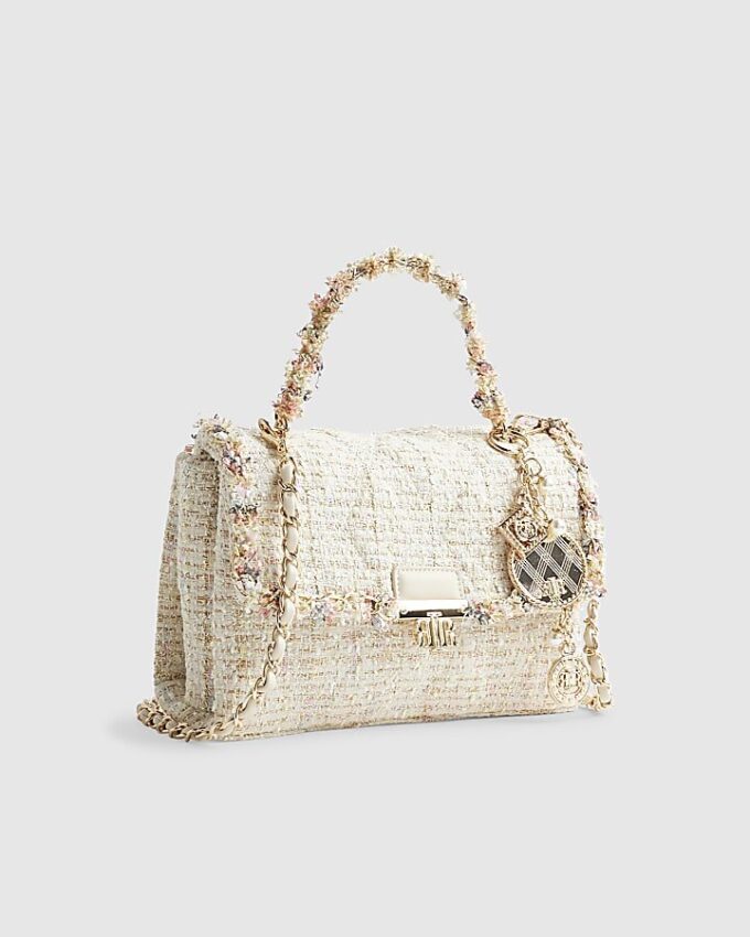 Cream Boucle Flap Front Shoulder Bag