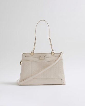 Cream Chain Handle Embossed Tote Bag