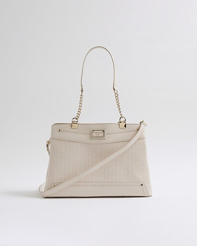 Cream Chain Handle Embossed Tote Bag