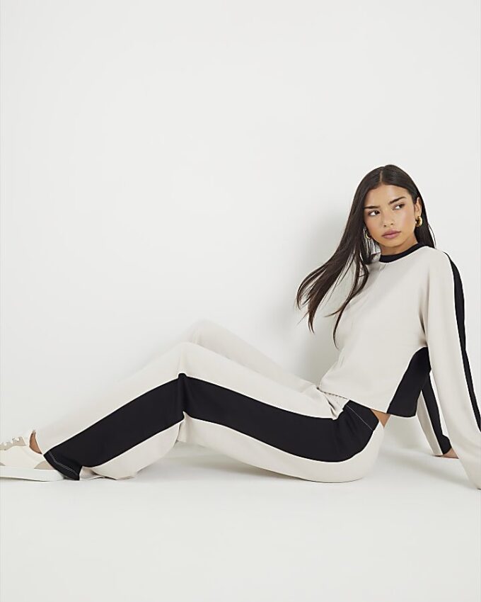 Cream Colour Block Wide Leg Trousers