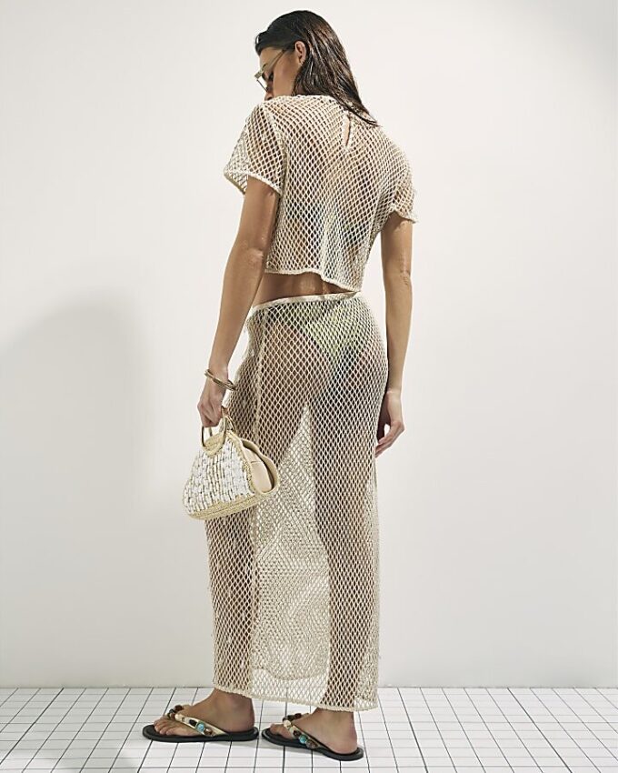 Cream Crochet Embellished Midi Beach Skirt