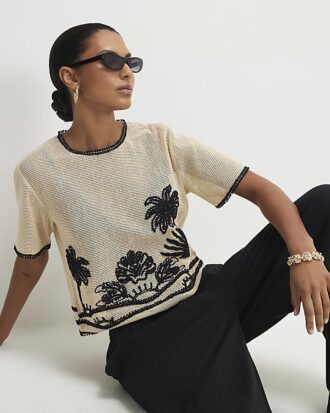 Cream Crochet Palm Print Boxy Top