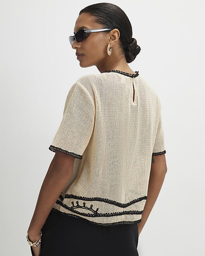 Cream Crochet Palm Print Boxy Top