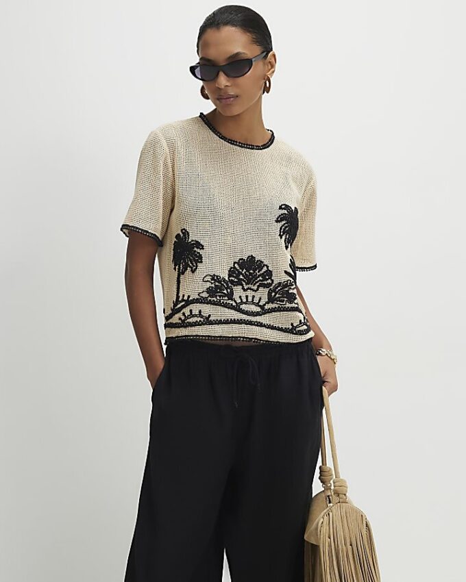 Cream Crochet Palm Print Boxy Top