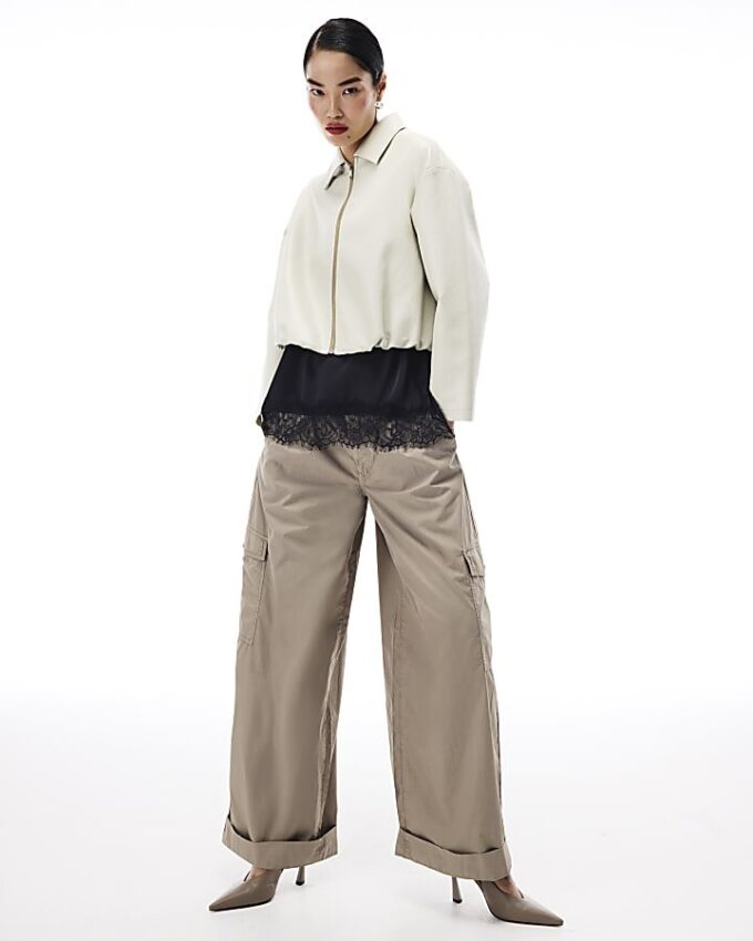 Cream Faux Leather Bubble Hem Bomber Jacket