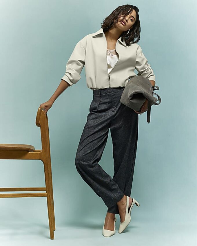 Cream Faux Leather Bubble Hem Bomber Jacket