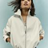 Cream Faux Leather Bubble Hem Bomber Jacket
