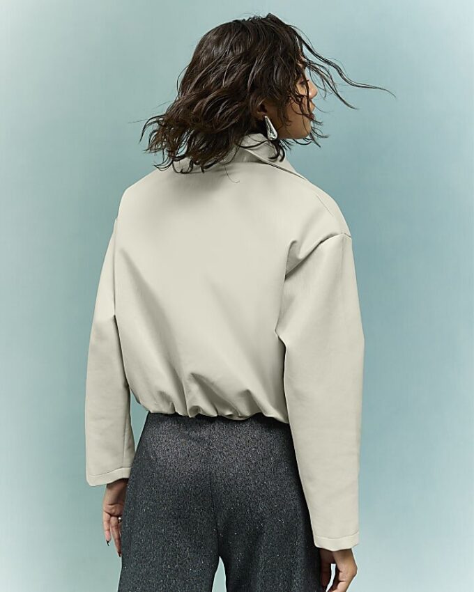 Cream Faux Leather Bubble Hem Bomber Jacket
