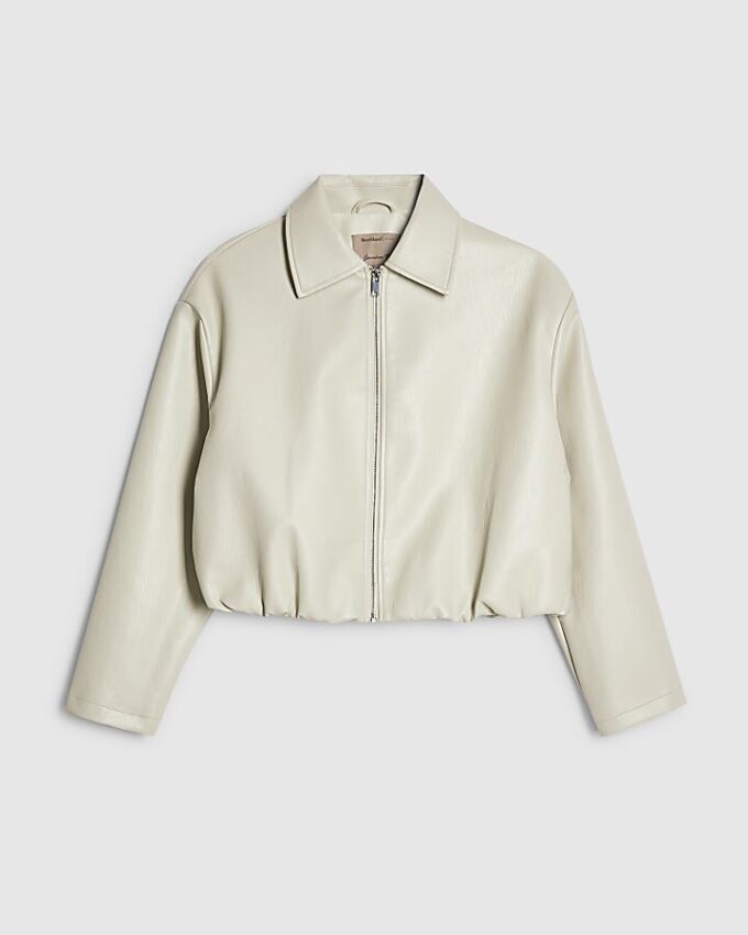 Cream Faux Leather Bubble Hem Bomber Jacket