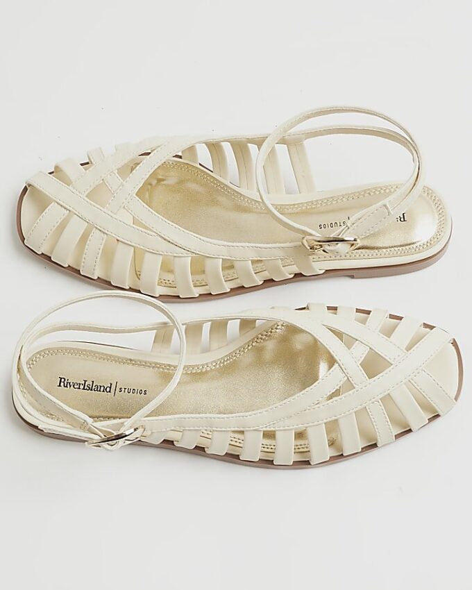 Cream Faux Leather Caged Sandals