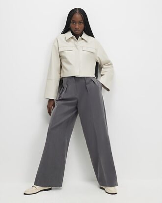 Cream Faux Leather Cropped Overshirt