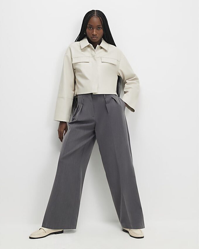 Cream Faux Leather Cropped Overshirt