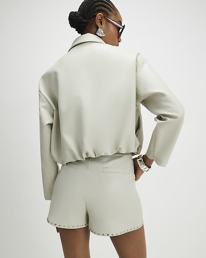 Cream Faux Leather Studded Shorts